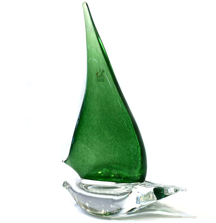 Barca a Vela Verde Scultura in Vetro Veneziano 29x21cm Opera di Artigianale in Vetro Di Murano Fatta a Mano 100% Venezia Made in Italy