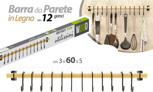 Barra Porta Utensili Cucina Da Parete In Legno 3 X 60 X 5 Cm Con 12 Ganci 838309 Casa e cucina/Organizzazione interni/Contenitori e barattoli da cucina/Portaoggetti e supporti/Porta utensili da cucina Trade Shop italia - Napoli, Commerciovirtuoso.it
