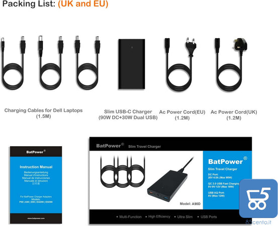BatPower A90D 120W Slim Caricabatterie sostitutivo compatibile HP con USB QC Ricarica rapida