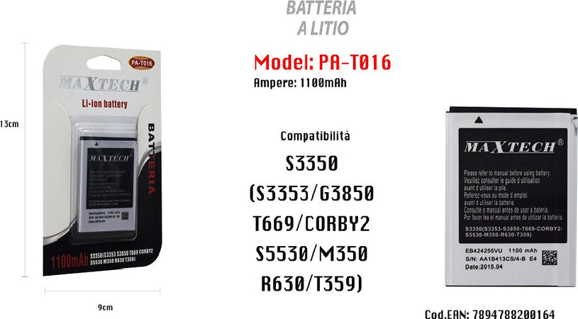 Batteria A Litio 1100mah Per Samsung S3350 Ricambio Smartphone Maxtech Pa-t016 Batterie per Cellulari Trade Shop italia - Napoli, Commerciovirtuoso.it