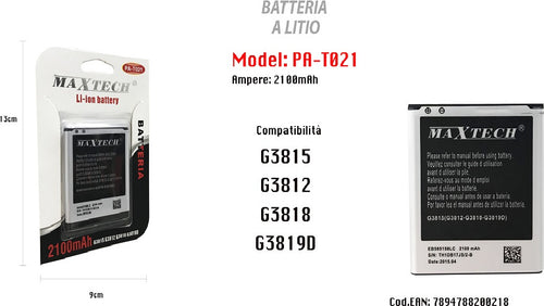 Batteria A Litio 2100mah Per Samsung Galaxy G3815 G3812 G3818 G3819d Maxtech Pa-t021 Batterie per Cellulari Trade Shop italia - Napoli, Commerciovirtuoso.it