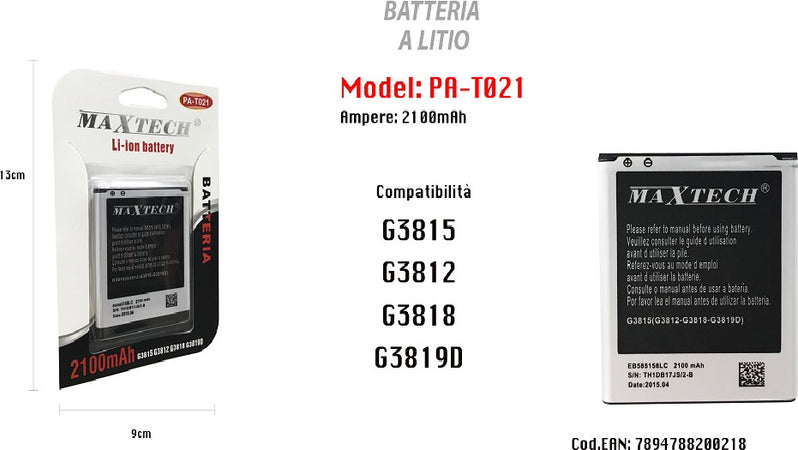 Batteria A Litio 2100mah Per Samsung Galaxy G3815 G3812 G3818 G3819d Maxtech Pa-t021 Batterie per Cellulari Trade Shop italia - Napoli, Commerciovirtuoso.it