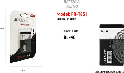 Batteria A Litio Compatibile Con Bl-4c 890 Mah Li-ion Maxtech Pa-t031 Elettronica/Cellulari e accessori/Accessori/Manutenzione cura e riparazione/Parti di ricambio/Batterie Trade Shop italia - Napoli, Commerciovirtuoso.it