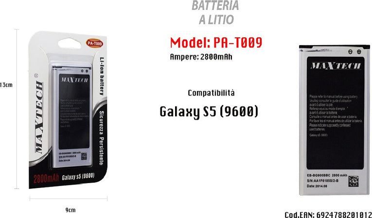Batteria A Litio Compatibile Galaxy S5 Cellulare Smartphone 2800mah Maxtech Pa-t009 Batterie per Cellulari Trade Shop italia - Napoli, Commerciovirtuoso.it