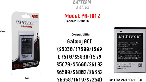 Batteria A Litio Per Galaxy Ace Compatibile Cellulare Smartphone 1350mah Maxtech Pa-t012 Batterie per Cellulari Trade Shop italia - Napoli, Commerciovirtuoso.it