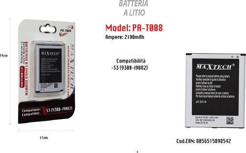 Batteria A Litio Per S3 Compatibile Cellulare Smartphone 2100 Mah Maxtech Pa-t008 Batterie per Cellulari Trade Shop italia - Napoli, Commerciovirtuoso.it
