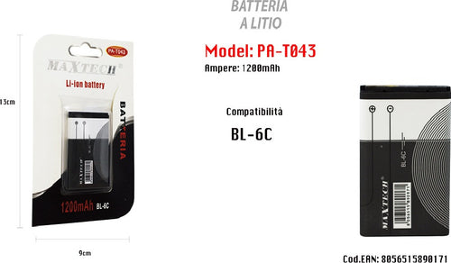 Batteria A Litio Ricambio Compatibile Con Bl-6c 1200mah Smartphone Maxtech Pa-t043 Elettronica/Cellulari e accessori/Accessori/Manutenzione cura e riparazione/Parti di ricambio/Batterie Trade Shop italia - Napoli, Commerciovirtuoso.it