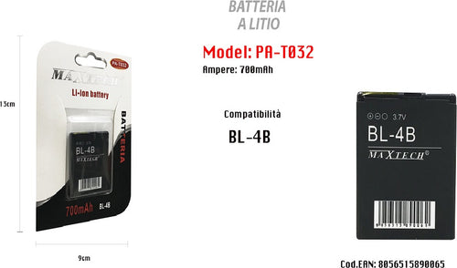 Batteria Compatibile Con Bl-4b Litio 700mah 3.7v Batteria Ricaricabile Maxtech Pa-t032 Batterie per Cellulari Trade Shop italia - Napoli, Commerciovirtuoso.it