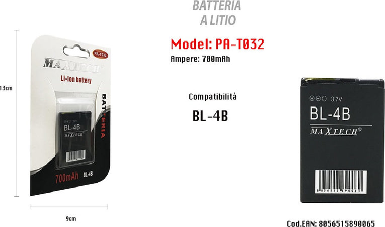 Batteria Compatibile Con Bl-4b Litio 700mah 3.7v Batteria Ricaricabile Maxtech Pa-t032 Batterie per Cellulari Trade Shop italia - Napoli, Commerciovirtuoso.it