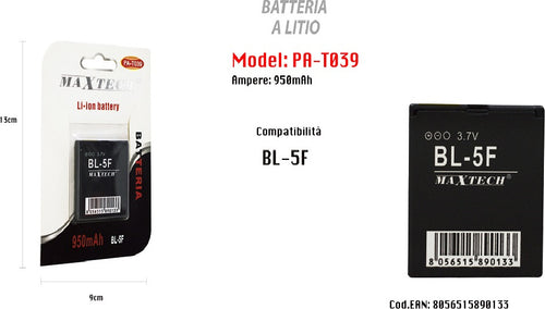 Batteria Compatibile Con Modello Bl-5f 950mah A Litio 3.7v Smartphone Maxtech Pa-t039 Batterie per Cellulari Trade Shop italia - Napoli, Commerciovirtuoso.it