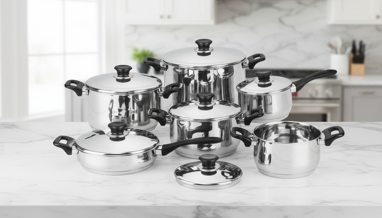 Batteria Di Pentole 12 Pezzi In Acciaio Inox 18/10 Dg Bavaria Con Coperchio Con Pomelli Termoresistenti Effetto Freddo Dg Bavaira