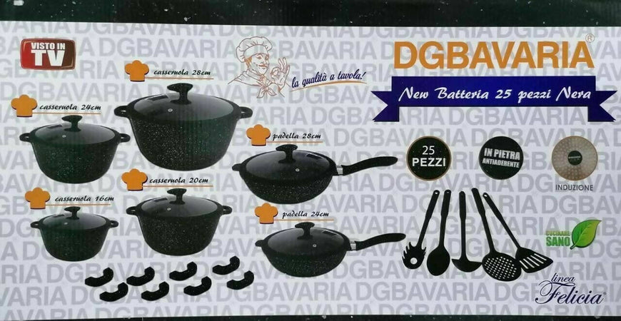 Batteria di pentole e padelle 25 pezzi antiaderente effetto pietra lavica dg bavaria anche per induzione Casa e cucina/Pentole padelle e pirofile/Pentole e padelle/Set/Set di pentole e padelle Puleo Casa - Palermo, Commerciovirtuoso.it