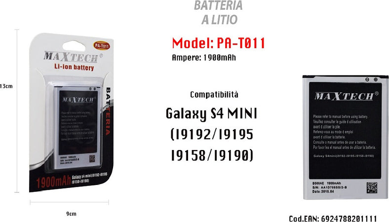 Batteria Galaxy S4 Mini A Litio Cellulare Smartphone Ricambio 1900mah Maxtech Pa-t011 Batterie per Cellulari Trade Shop italia - Napoli, Commerciovirtuoso.it