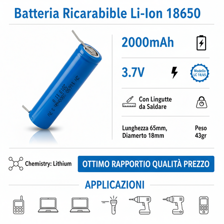Batteria 18650 2000mAh 3,7V Ricaricabile Litio Paglietta Linguette Saldabile Pacco