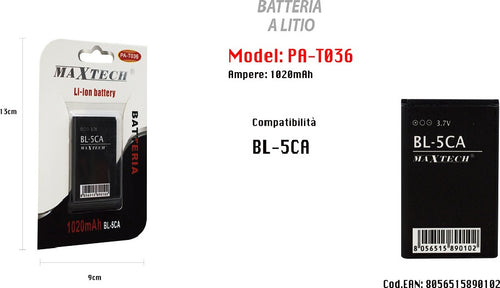 Batteria Litio Compatibile Con Bl-5ca 1020mah Smartphone Cellulare Maxtech Pa-t036 Elettronica/Cellulari e accessori/Accessori/Manutenzione cura e riparazione/Parti di ricambio/Batterie Trade Shop italia - Napoli, Commerciovirtuoso.it