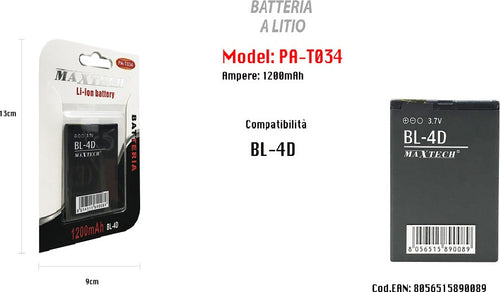 Batteria Litio Compatibile Per Bl-4d Smartphone 1200 Mah 3.7v Maxtech Pa-t034 Batterie per Cellulari Trade Shop italia - Napoli, Commerciovirtuoso.it