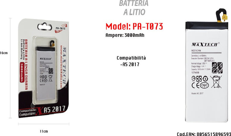 Batteria Litio Smartphone Samsung 3000mah Per Galaxy A5 2017 Maxtech Pa-t073 Batterie per Cellulari Trade Shop italia - Napoli, Commerciovirtuoso.it