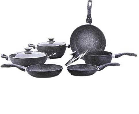 Batteria pentole 9pz alluminio e rivestimento effetto pietra bavaria Casa e cucina/Pentole padelle e pirofile/Pentole e padelle/Set/Set di pentole e padelle Led Mall Home - Napoli, Commerciovirtuoso.it