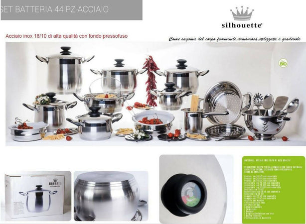 Batteria-Pentole-Bavaria-Ottingher-Linea-Silhouette-44-Pezzi-Acciaio-Inox-18/10-Lucidato-A-Specchio-A-Triplo-Fondo