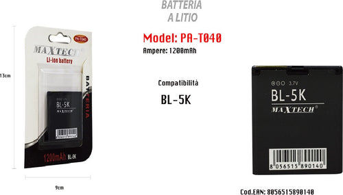 Batteria Per Telefono Compatibile Con Bl-5k 1200 Mah Li-ion 3,7v Maxtech Pa-t040 Elettronica/Cellulari e accessori/Accessori/Manutenzione cura e riparazione/Parti di ricambio/Batterie Trade Shop italia - Napoli, Commerciovirtuoso.it