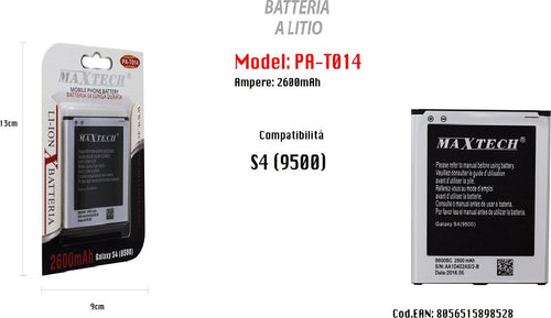 Batteria S4 9500 Ricambio Cellulare Smartphone A Litio 2600mah Maxtech Pa-t014 Batterie per Cellulari Trade Shop italia - Napoli, Commerciovirtuoso.it