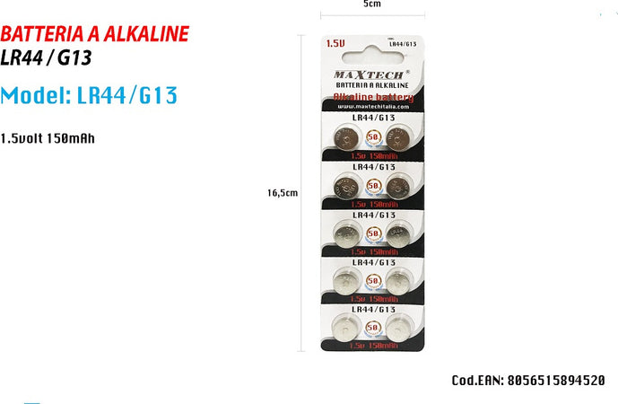Batterie Alkaline Lr44/g13 1.5v 150mah Pile Bottone Per Orologi Telecomandi Maxtech Casa, arredamento e bricolage > Materiale Elettrico > Batterie e Pile Trade Shop italia - Napoli, Commerciovirtuoso.it