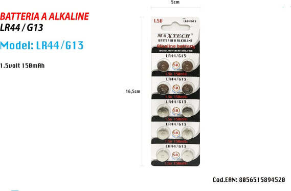 Batterie-Alkaline-Lr44/g13-1.5v-150mah-Pile-Bottone-Per-Orologi-Telecomandi-Maxtech