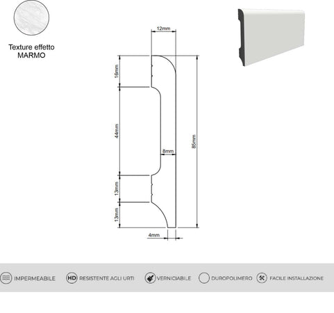 Battiscopa in duropolimero effetto marmo bianco Carrara 2000x85x12mm Fai da te/Prodotti per la costruzione/Materiali da costruzione/Pavimenti/Materiali per pavimenti/Battiscopa Led Mall Home - Napoli, Commerciovirtuoso.it