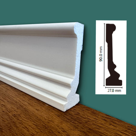 (massimo spessore) Battiscopa in POLIMERI linea BASICBOARD  90x27mm - BIANCO pitturabile (prezzo al metro)