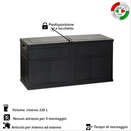 Baule in resina cassapanca multiuso da esterno con ruote lt 320 da 119 cm Giardino e giardinaggio/Organizzazione esterni e alloggiamento/Bauli e contenitori Decor Space - Altamura, Commerciovirtuoso.it