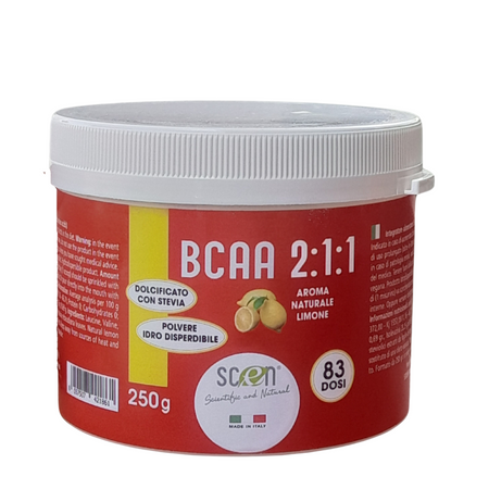 Scen BCAA 250 gr. polvere, aroma limone, dolcificati stevia, idrodisperdibili, adatto anche a VEGANI, gusto Limone