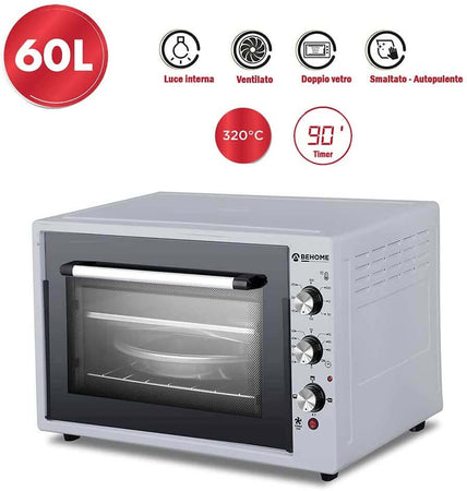 Behome Forno Elettrico 60 litri Ventilato Autopulente, Smaltato, Temperatura fino a 320° Doppio Vetro