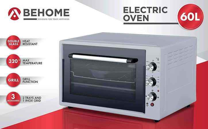 Behome Forno Elettrico 60 litri Ventilato Autopulente, Smaltato, Temperatura fino a 320° Doppio Vetro