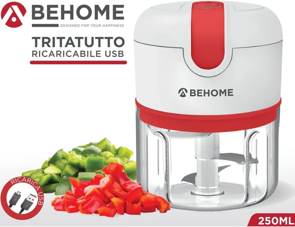 Behome Mini Tritatutto Ricaricabile Usb Senza Fili, Capacità 250 Ml Lame Acciaio Inossidabile Rosso E Bianco