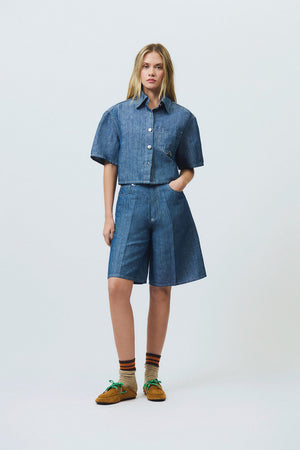 Roy Roger's bermuda donna in denim chambray cotone lino vita alta