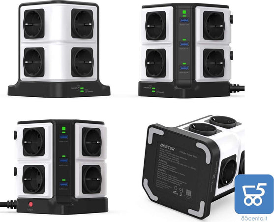 BESTEK Multipresa Ciabatta Elettrica Verticale a 8 Prese Schuko (a due spine) e 6 Porte USB con Interruttore Indipendente, 1500J di Protezione