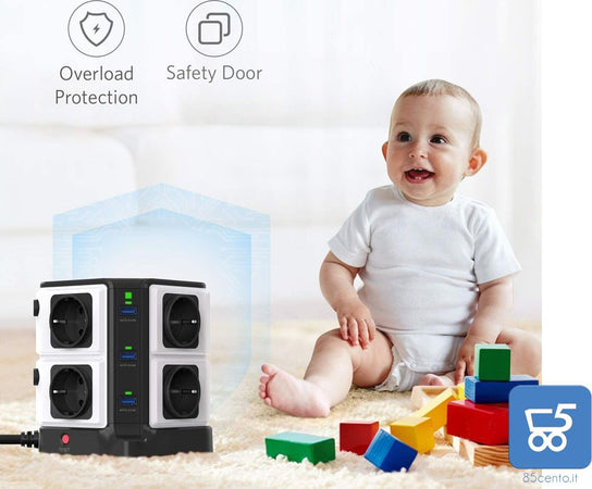 BESTEK Multipresa Ciabatta Elettrica Verticale a 8 Prese Schuko (a due spine) e 6 Porte USB con Interruttore Indipendente, 1500J di Protezione