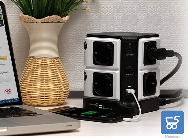BESTEK Multipresa Ciabatta Elettrica Verticale a 8 Prese Schuko (a due spine) e 6 Porte USB con Interruttore Indipendente, 1500J di Protezione