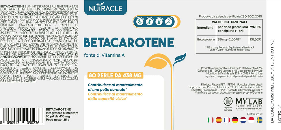 Betacarotene Nutracle 80 Perle Da 438 Mg | Integratore Per Abbronzatura Forte | Sostegno Per La Vista Alta Concentrazione Di Pro Vitamina A Salute e cura della persona/Vitamine minerali e integratori/Antiossidanti/Beta carotene MyLab Nutrition - Roma, Commerciovirtuoso.it