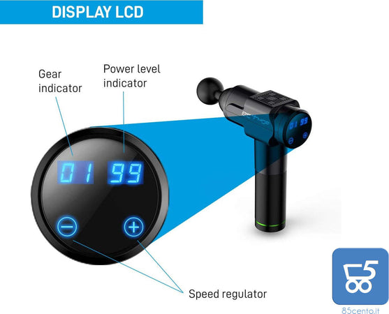 BETHOR Pistola Massaggiante Professionale Alleviamento Dolore Riabilitazione 6 Livelli di Velocità Schermo LCD 3300 RPM con 6 Testine e Borsa - EX DEMO