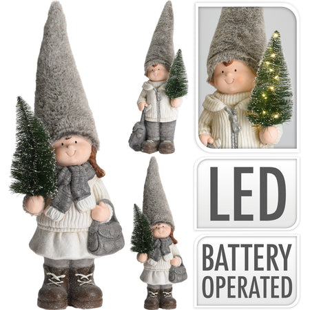 Bimbo con cappello in pelliccia h 70 decorazione natalizia in poli resina con led