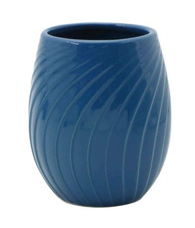 Bicchiere Porta Spazzolini In Ceramica Rigata Blu Accessori Arredo Bagno 79955