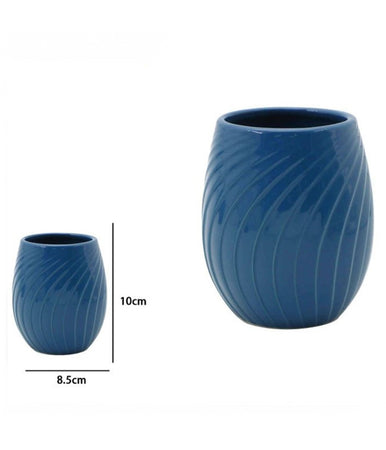 Bicchiere Porta Spazzolini In Ceramica Rigata Blu Accessori Arredo Bagno 79955