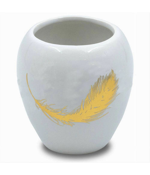 Bicchiere Portaspazzolini In Ceramica Bianca Con Piuma Oro Accessori Bagno 59895