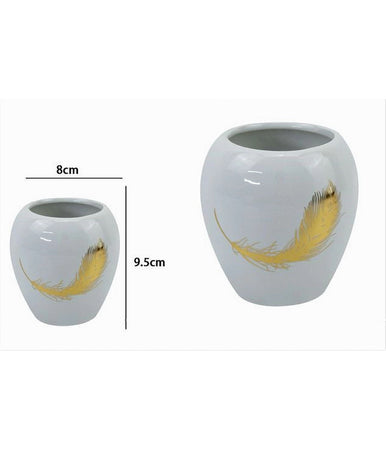 Bicchiere Portaspazzolini In Ceramica Bianca Con Piuma Oro Accessori Bagno 59895
