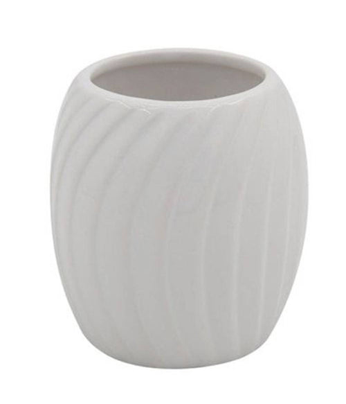 Bicchiere Portaspazzolini In Ceramica Rigata Bianca Accessori Arredo Bagno 79958