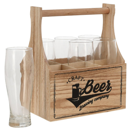 Cestello in legno, set cestello + 6 bicchieri di birra in vetro