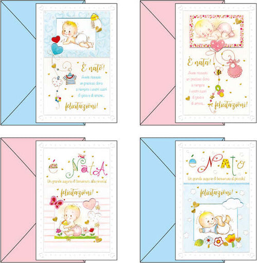 Biglietto auguri - tema nascita - 11 7 x 17 cm - rifiniture in oro a secco - Kartos Cancelleria e prodotti per ufficio/Carta blocchi e quaderni/Biglietti e cartoncini/Biglietti di auguri Eurocartuccia - Pavullo, Commerciovirtuoso.it