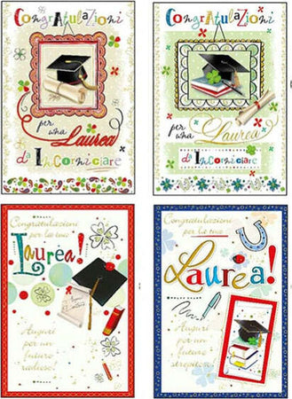 Biglietto auguri Laurea - 4 soggetti assortiti - Kartos Cancelleria e prodotti per ufficio/Carta blocchi e quaderni/Biglietti e cartoncini/Biglietti di auguri Eurocartuccia - Pavullo, Commerciovirtuoso.it