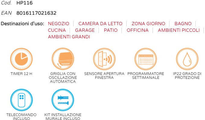 bimar HP116 Termoventilatore da Parete Termoconvettore Elettrico a Muro ECO